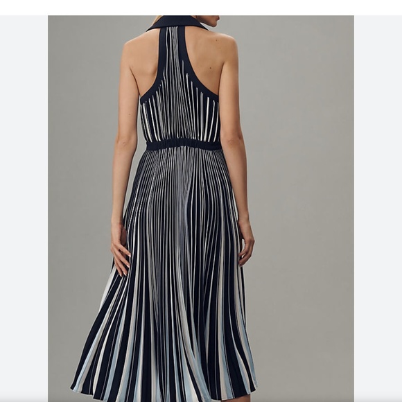 Anthropologie Blue and White Striped Halter Pleated Midi Dress Size Medium - Picture 2 of 7
